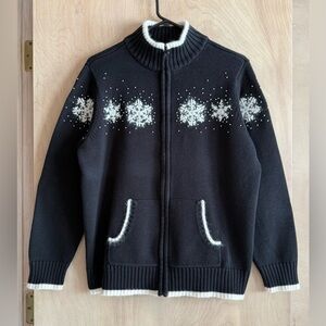 Quacker Factory Black Snowflake Full Zip Sweater Pearl Beads Cotton Blend Large